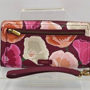 Fossil Leather Continental Wristlet Wallet Burgundy & Pink Florals